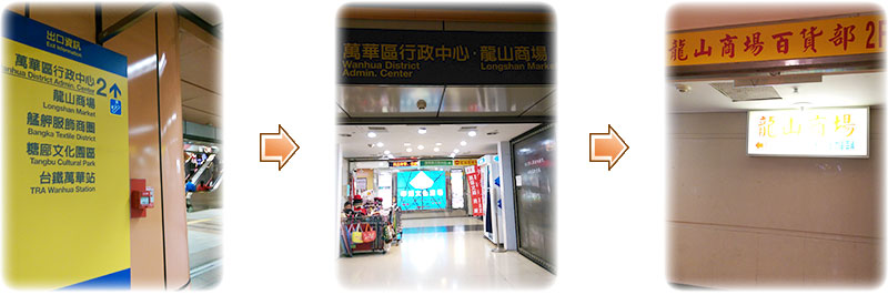 MRT「龍山寺」駅出口2から「行政中心」「龍山商場」の看板を目印に進むと